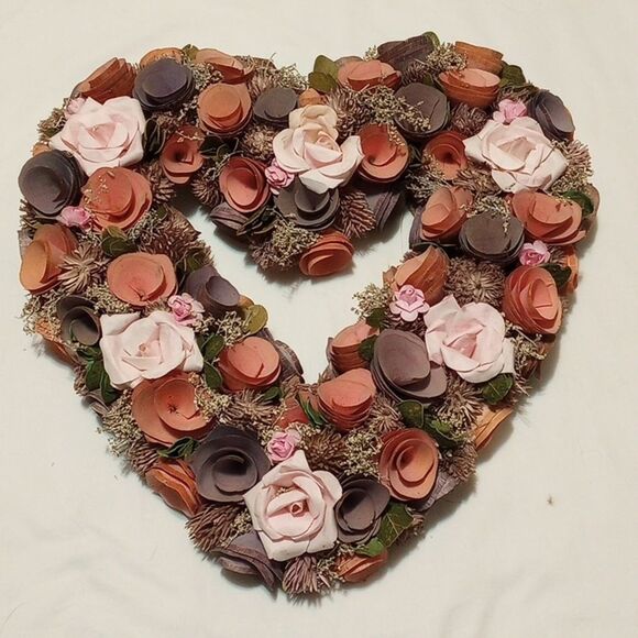 Vintage Valentine's Day Wood Curl & Floral Live Pink Heart Wreath - Picture 1 of 6